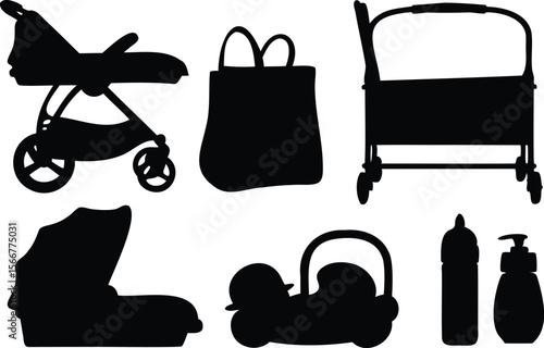 Silhouette set of baby strollers, bags, and accessories for new parents
