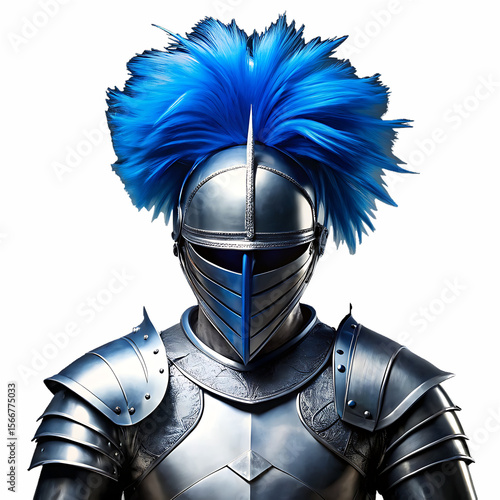 Armored warrior with bright blue helmet plume isolated on a transparent background knight blue plume