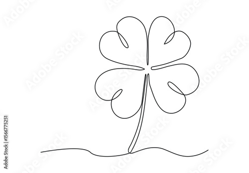 Continuous one line art of four-leaved clover. Good luck floral symbol with 4 petal. 