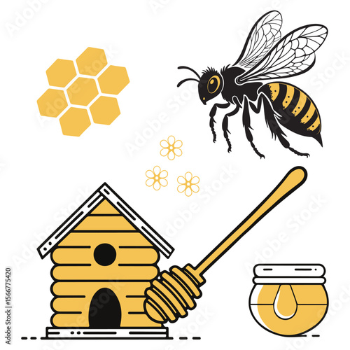 Honey bee and hive colorful vector illustration design