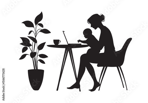 Silhouette of Remote Working Mom with Baby at Table.
