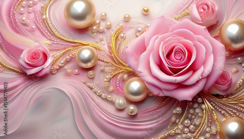 delicate pink rose and pearl design with gold accents a gentle flowing abstract background featuring pink roses pearls and gold marbling