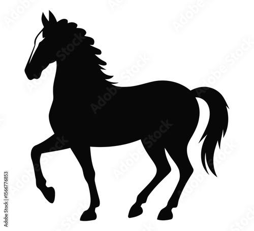 Silhouette of a majestic horse in raised leg pose with flowing mane and tail, ideal for equestrian themes, logos, and vector art.