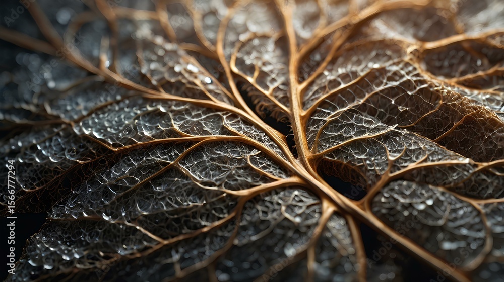 Fototapeta premium Delicate Leaf Vein Network: A macro perspective revealing the intricate vascular structure of a leaf, a captivating interplay of texture, light, and biological marvels.