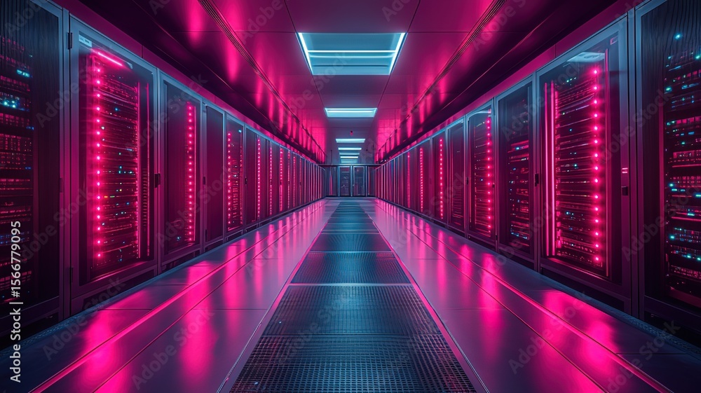 Fototapeta premium Hybrid Quantum-Classical Computing Facility - Superconducting Chips Connected via Glowing Fibers in Ultra-Clean Lab 