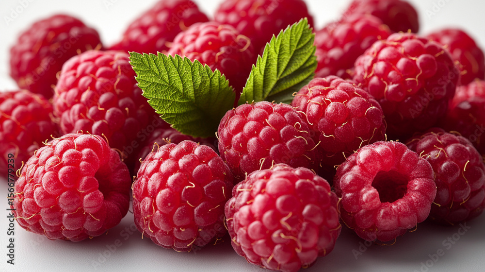 Fresh raspberries with leaves on white background Fresh raspberries with leaves on white background