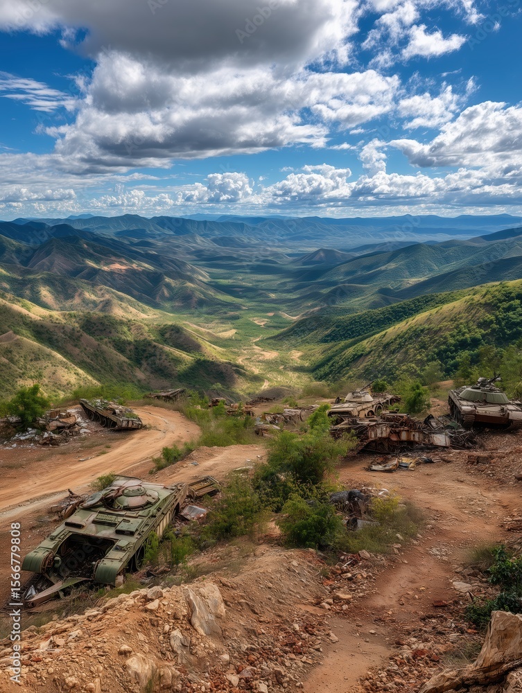 Fototapeta premium Abandoned Military Vehicles in a Barren Battle Valley
