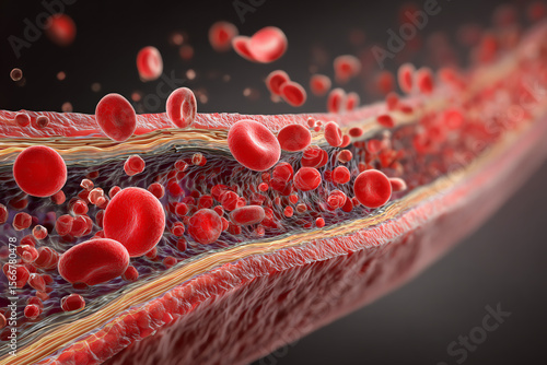 Close-up view of red blood cells in blood vessel.
