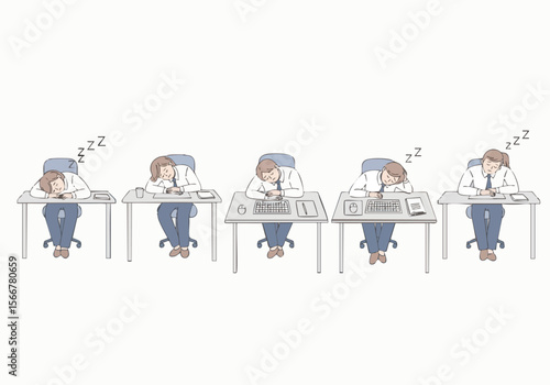 Flat Line Illustration Student Sleeping on Desk in Classroom Scene
