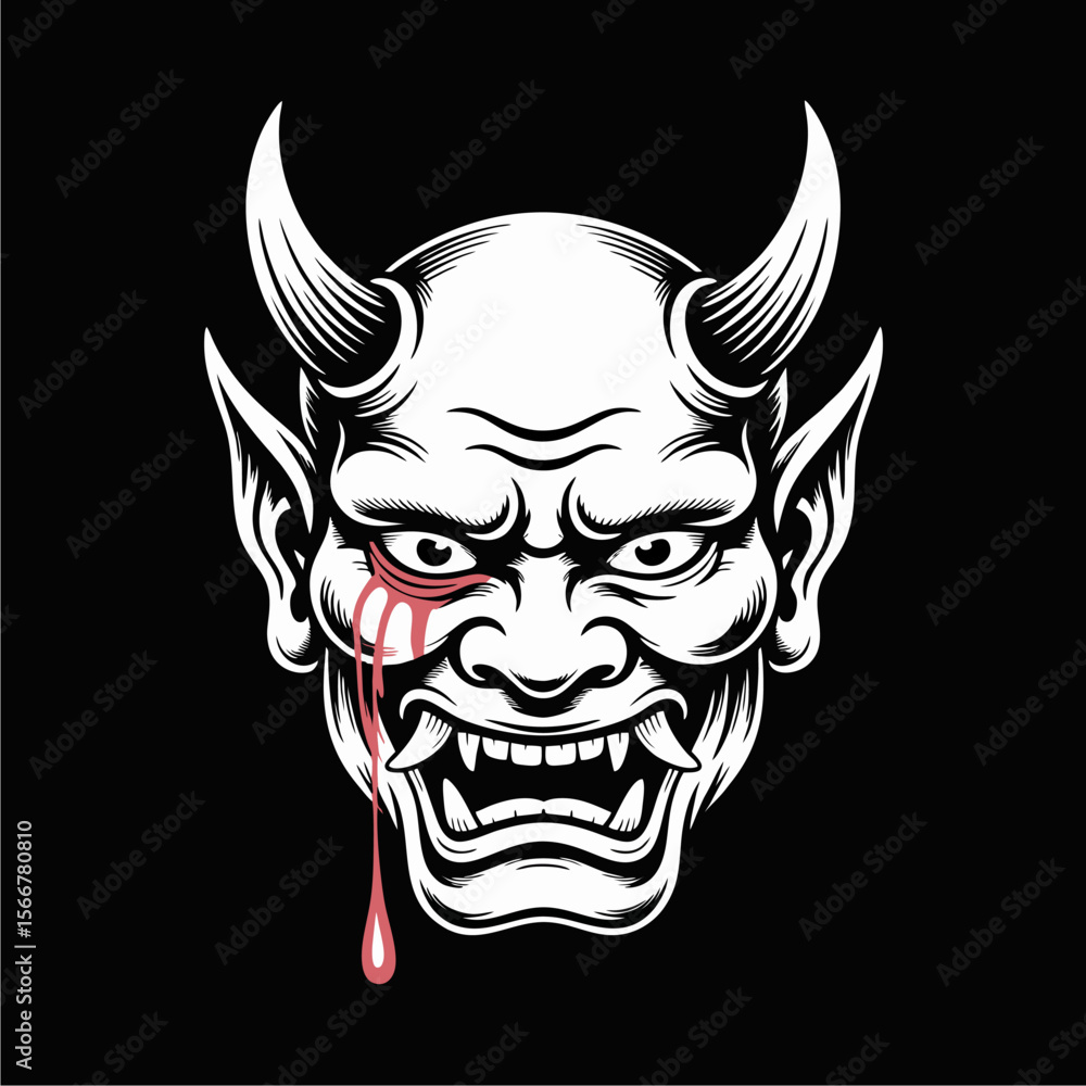 Fototapeta premium A white devil face with horns, sharp teeth, and blood dripping from one eye, set against a black background.