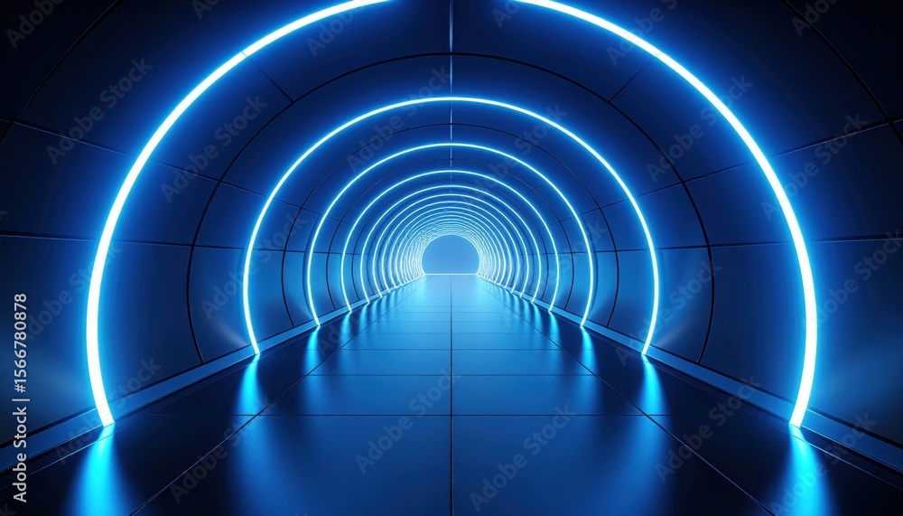 Futuristic tunnel with glowing blue neon lights, leading to light Futuristic tunnel with glowing blue neon lights, leading to light