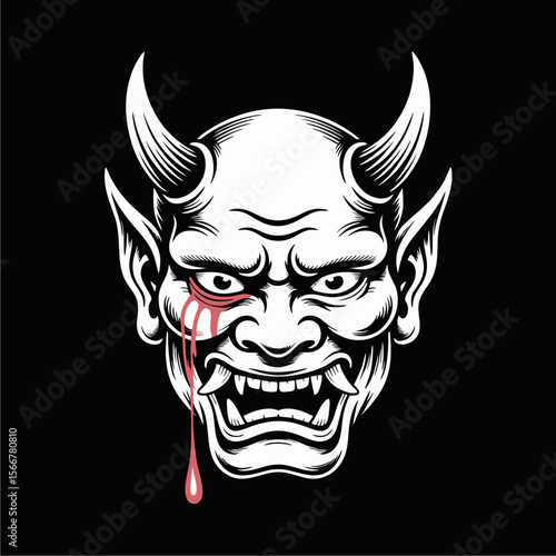 A white devil face with horns, sharp teeth, and blood dripping from one eye, set against a black background.