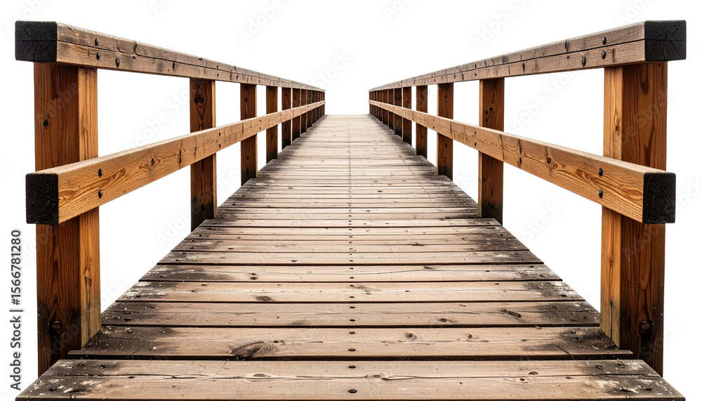 Obraz premium Wooden bridge with railing extending forward, showing natural texture and warm tones
