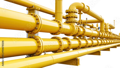 Yellow industrial pipeline system with multiple connected pipes and valves