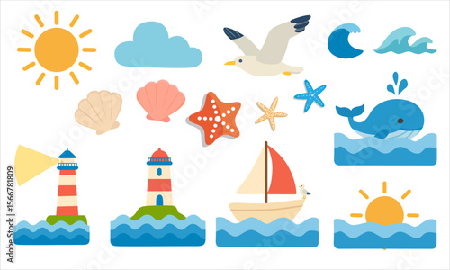 Sea and summer tropical elements vector set. Flat cartoon set of summer nature, lighthouse, sailboat, sun, clouds, seagull, waves, starfish, seashells, and whale. Summer sea elements clipart set.