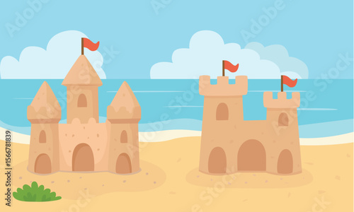 Sand castle or sandcastle vector set. Beach landscape with different sand castles on sand, blue sky, blue waves. Summer activities. Seashore, coastline clipart in flat cartoon style isolated on white.