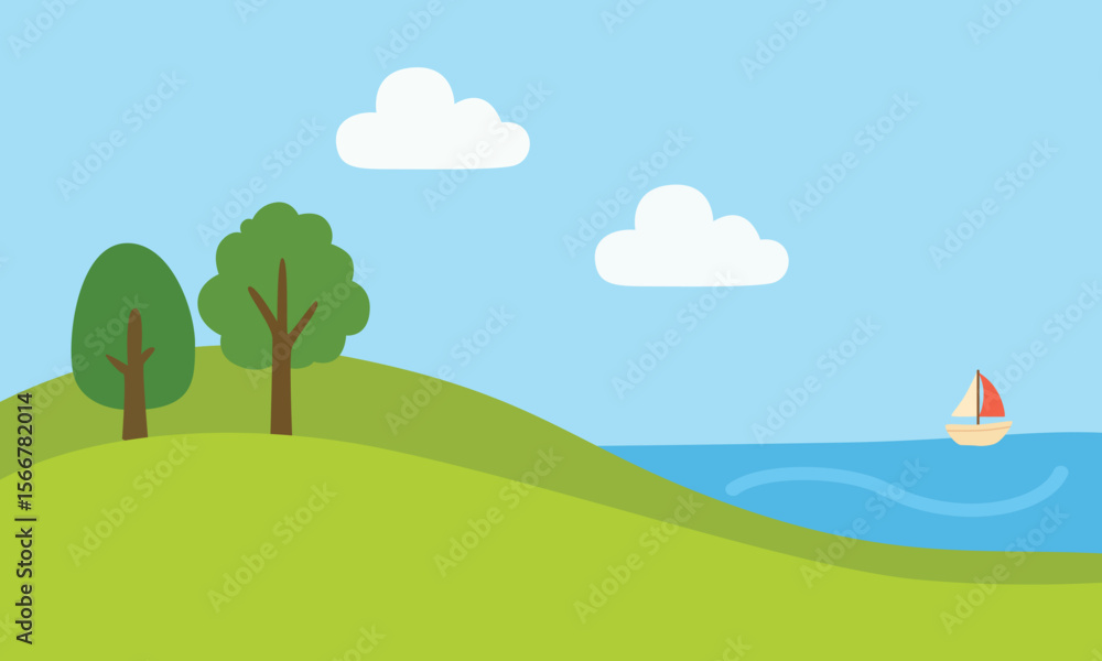 Fototapeta premium Summer nature landscape vector with meadow and sea. Summer scene clipart. Flat vector in cartoon style isolated on white background. Outdoor landscape.