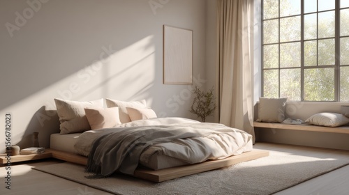 A serene bedroom in a minimalist home with a platform bed, neutral-toned bedding, and minimal decor, showcasing a calm and spacious atmosphere.