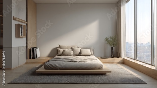 A serene bedroom in a minimalist home with a platform bed, neutral-toned bedding, and minimal decor, showcasing a calm and spacious atmosphere.