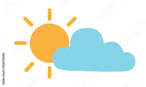 Sun and cloud vector. Sunny, partly cloudy weather icon clipart in flat cartoon style. 
