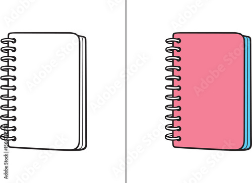 Notebook Silhouette and Color Vector and School Book Outline in Black & White