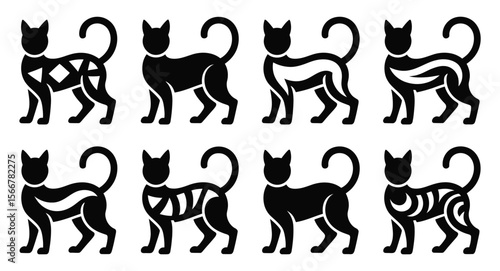 Set of 8 cat silhouettes with unique geometric patterns in black and white style, perfect for design templates, prints, and tattoos