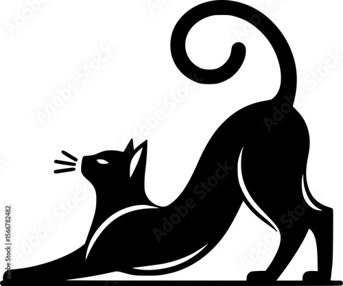 Stretching cat side view in clean flat vector, curved back, tail raised

