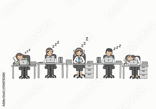 Pixel Art Exhausted Office Workers Sleeping at Desks, Business Illustration