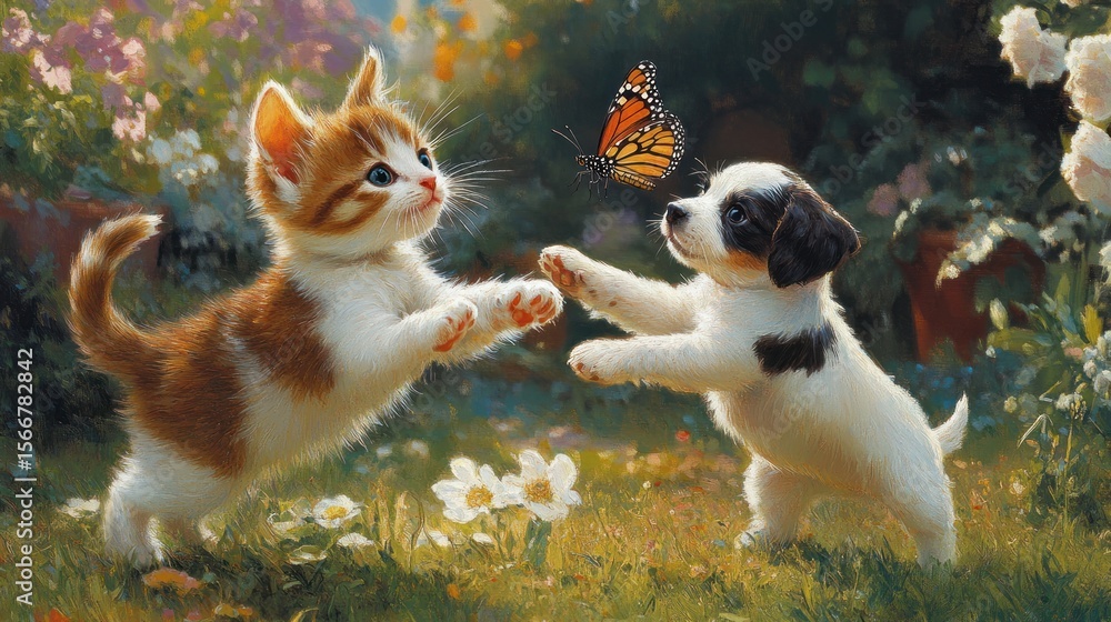 custom made wallpaper toronto digitalPlayful kittens and puppies in a garden, chasing a butterfly. Cute pets, spring, flowers, nature, adorable