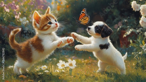 Playful kittens and puppies in a garden, chasing a butterfly.  Cute pets, spring, flowers, nature, adorable