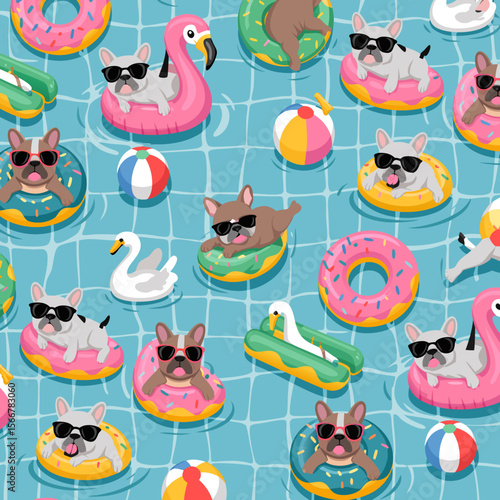 Flamingo pool float with french bulldogs on donut and flamingo pool inflatables. Perfect for fun summerthemed designs and lifestyle graphics.