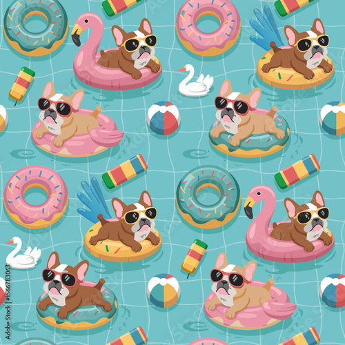 Flamingo pool float with french bulldogs on donut and flamingo pool inflatables. Perfect for fun summerthemed designs and lifestyle graphics.