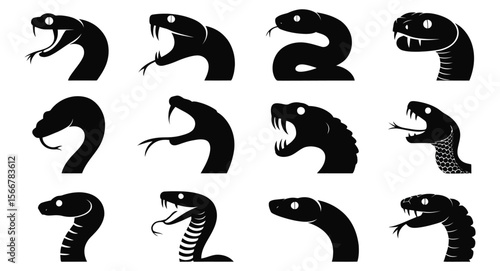 Collection of 12 detailed black and white snake head silhouettes in aggressive and defensive postures for wildlife, reptile, and tattoo design