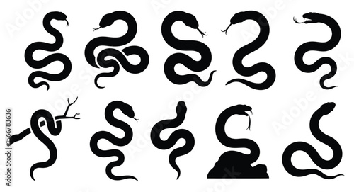 Set of black snake silhouettes in coiled, slithering, and striking poses, ideal for reptile-themed illustrations, tattoos, or vector icons