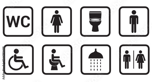 Washroom signs. Restroom or toilet door sign set containing gents, ladies, disabled, baby changing. Printable sticker. Vector illustration