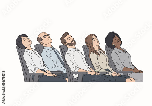 Flat Style Passenger Group Sleeping on Airplane Seats Illustration