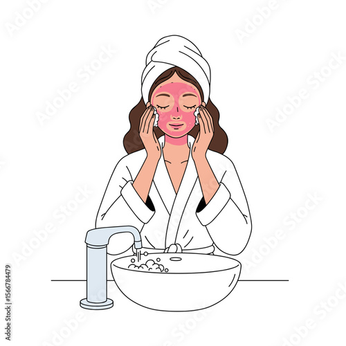 Woman applying facial cleanser while washing her face in bathroom  