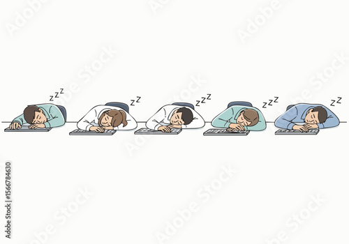 Flat Style Horizontal Sleepy People Lying on Keyboard Character Illustration
