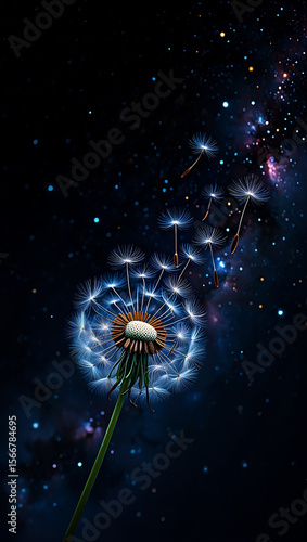 Dandelion Seeds Drifting Through a Cosmic Dreamscape Evoking Whimsy and Wonder with Delicate Details and Celestial Backdrops