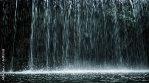 Powerful waterfall cascading down a dark cliff face.  Water splashes gently at the base