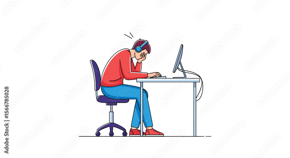 Fototapeta premium A focused programmer wearing headphones concentrates vigorously while working on a computer project in a modern office setting