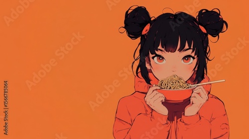 Digital illustration of a girl eating noodles.