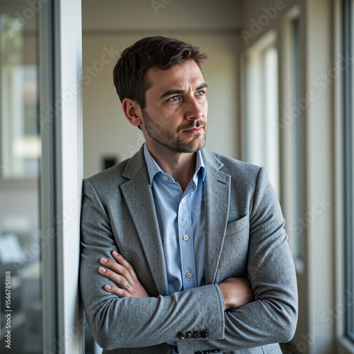 Thoughtful Businessman Gazing Out Window – Professional Portrait in Modern Office