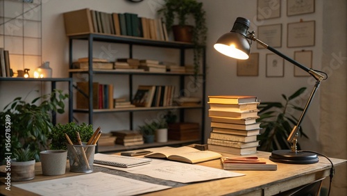 Cozy Study Corner with Books and Warm Lamp Light in Kyiv