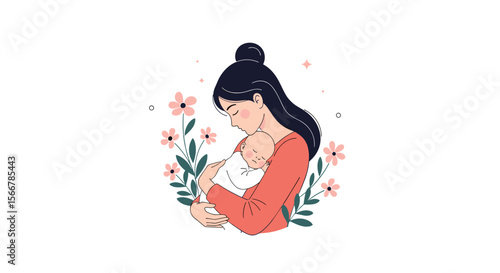 Illustrative vector art depicting a loving mother embracing her newborn child surrounded by delicate flowers symbolizing new beginnings and maternal affection