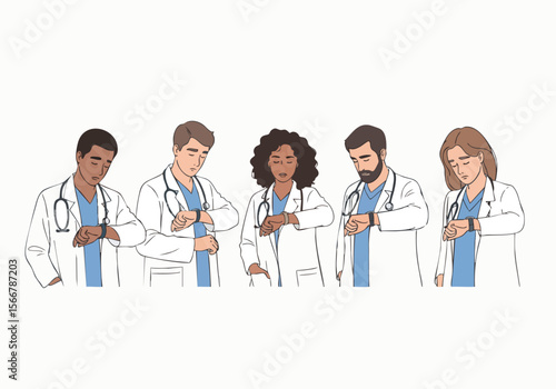 Flat Style Professional Diverse Doctor Checking Time Staff Medical Illustration
