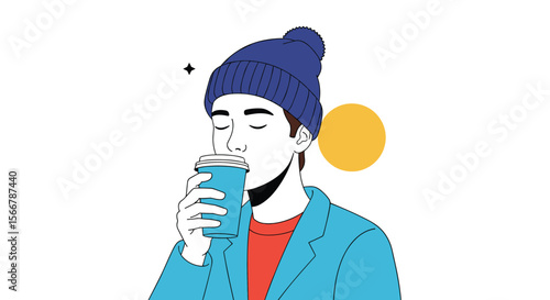 Enjoying a warm beverage on a chilly autumn afternoon under a bright blue sky with a yellow circle in the background