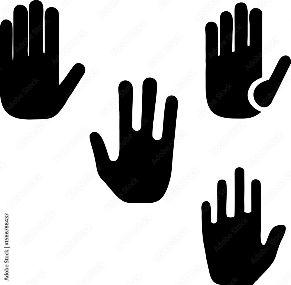 Obraz premium This vector illustration showcases a set of human hand gestures, featuring various finger poses and palm silhouettes as versatile icons and symbols of help, love, or business