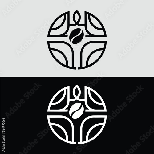 A circular coffee bean logo presents an abstract design