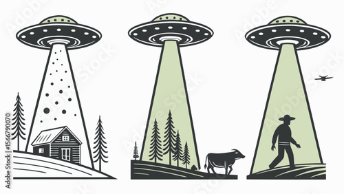 Three stylized illustrations of UFOs hovering over various subjects.